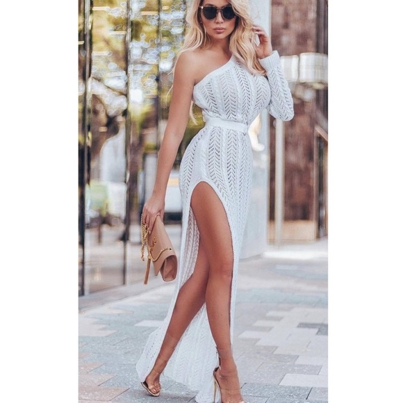 White Crochet Knit Bodycon Cover Up Maxi Dress - Picture 3 of 8